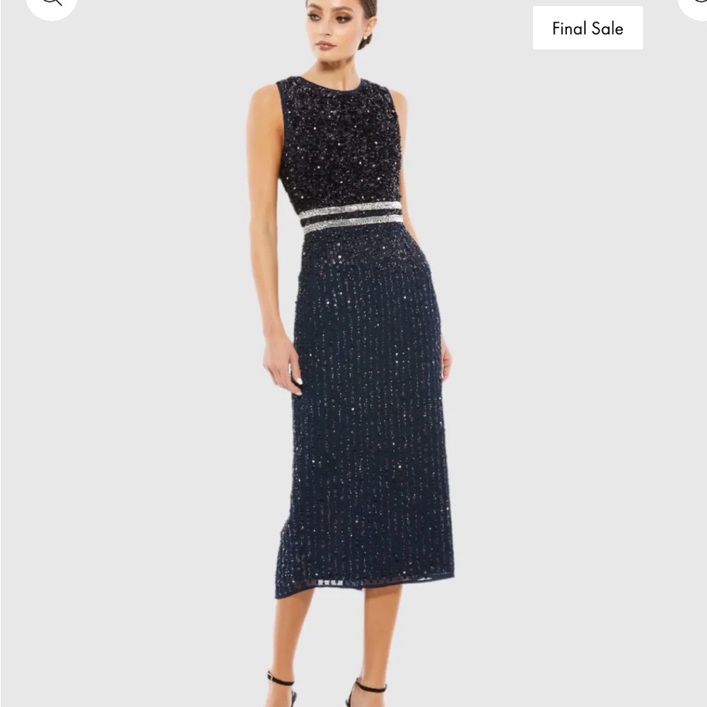 Navy Sleeveless High Neck Beaded Midi Sheath Dress